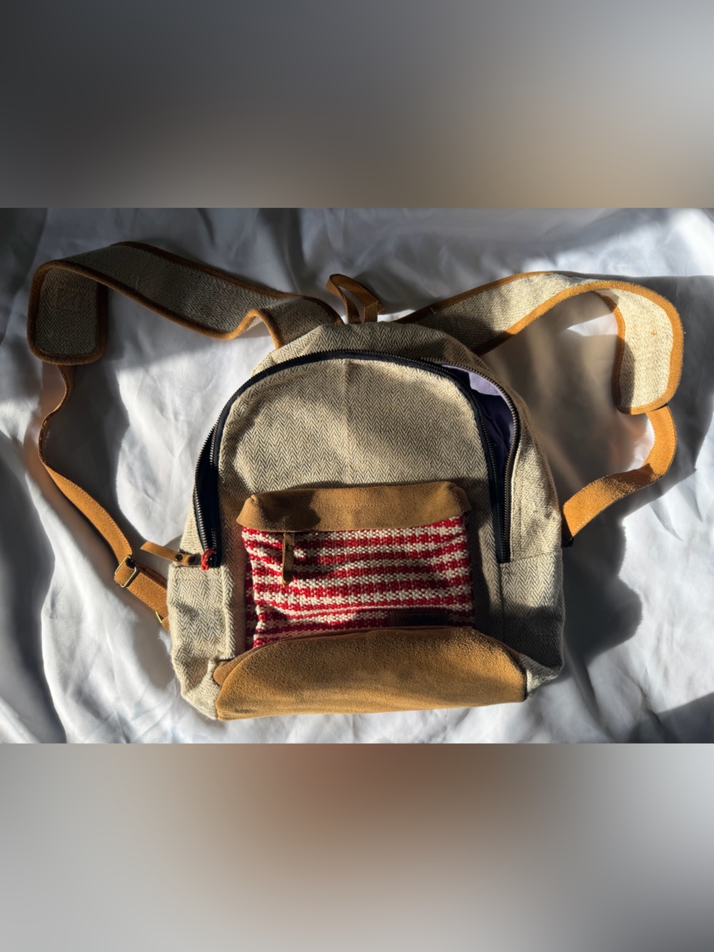 Woven suede and canvas backpack
